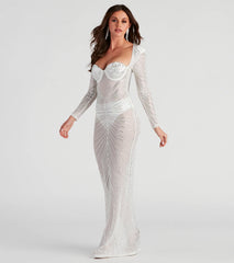 Crystal Iridescent Rhinestone Sheer Formal Dress