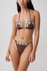 Bloom Embroidered Triangle Bikini Top - Chocolate With Pale Blue Embroidery
