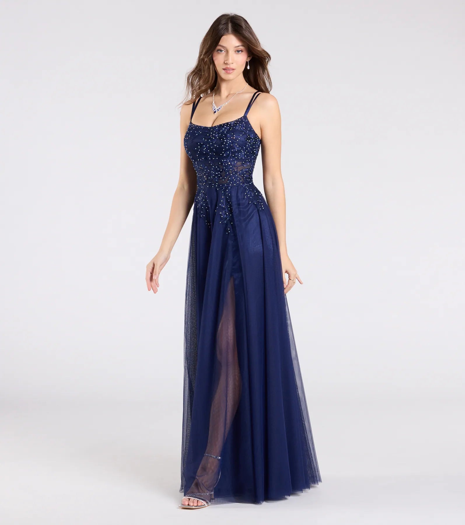 Leslie Floral Applique Lace Up A-Line Formal Dress
