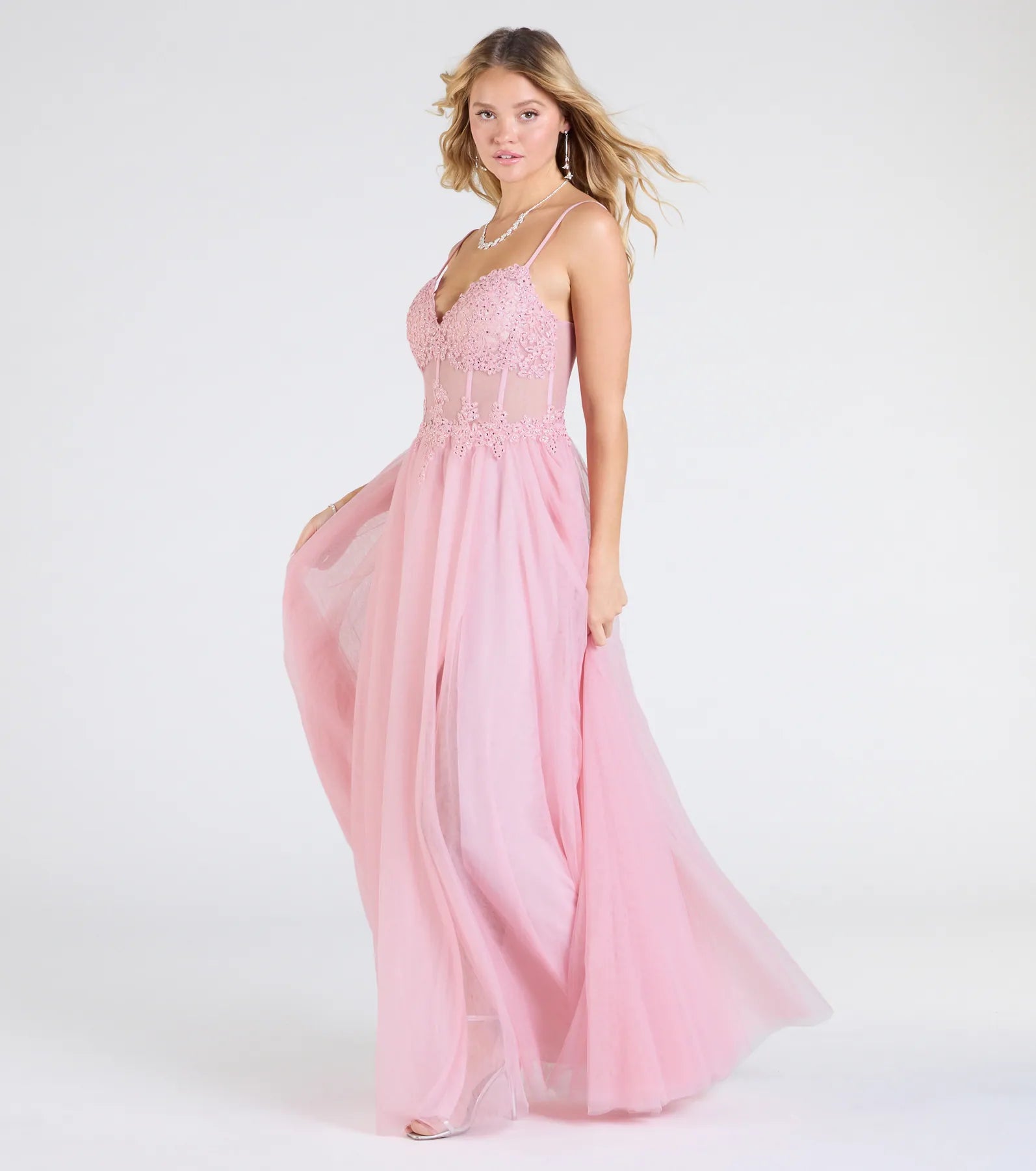 Fatima V-Neck Embroidered A-Line Tulle Dress