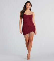 Make You Strut Glitter Rhinestone Fringe Mini Dress