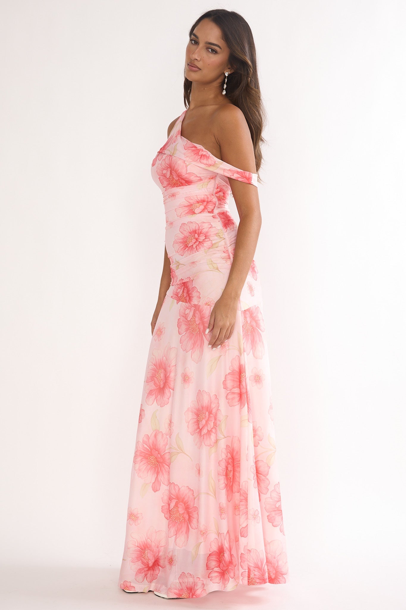 Lylah Asymmetric Neckline Mesh Maxi Dress Floral Pink
